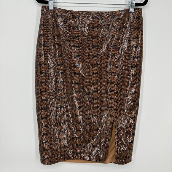 3/$25 Express Snake Skin Pencil Skirt 8 Slit‎ Faux Leather Brown Black - Picture 2 of 8